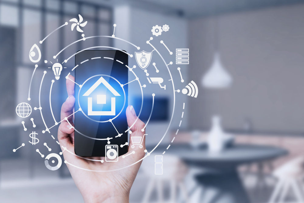 An image that depicts a mobile device and home automation